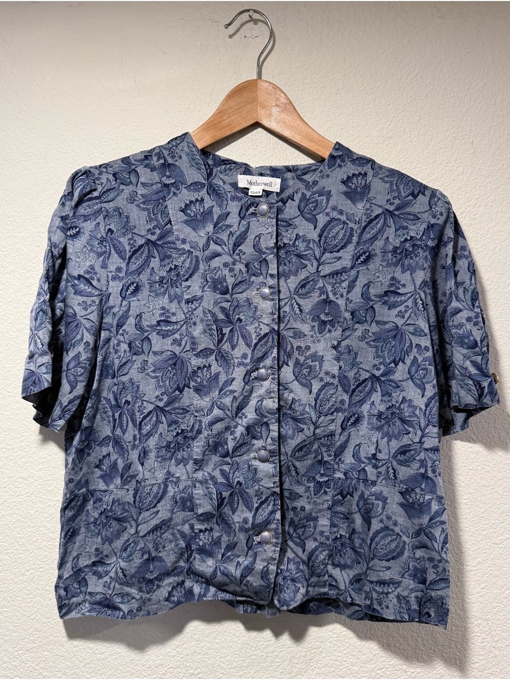 MOTHERWELL Cotton Hemp Blue Floral Button-Up Blouse